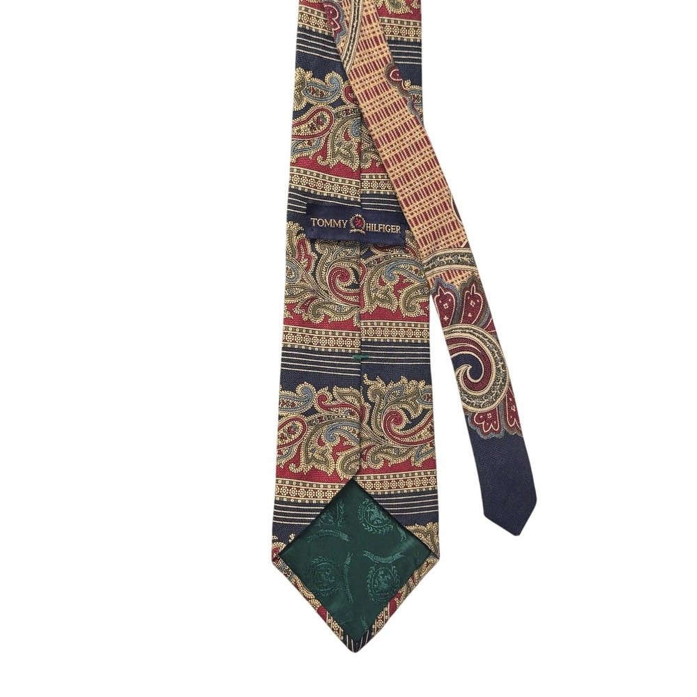 Tommy Hilfiger Mens Tie Burgundy Navy Gold Paisley 100% Linen Made in USA Classi